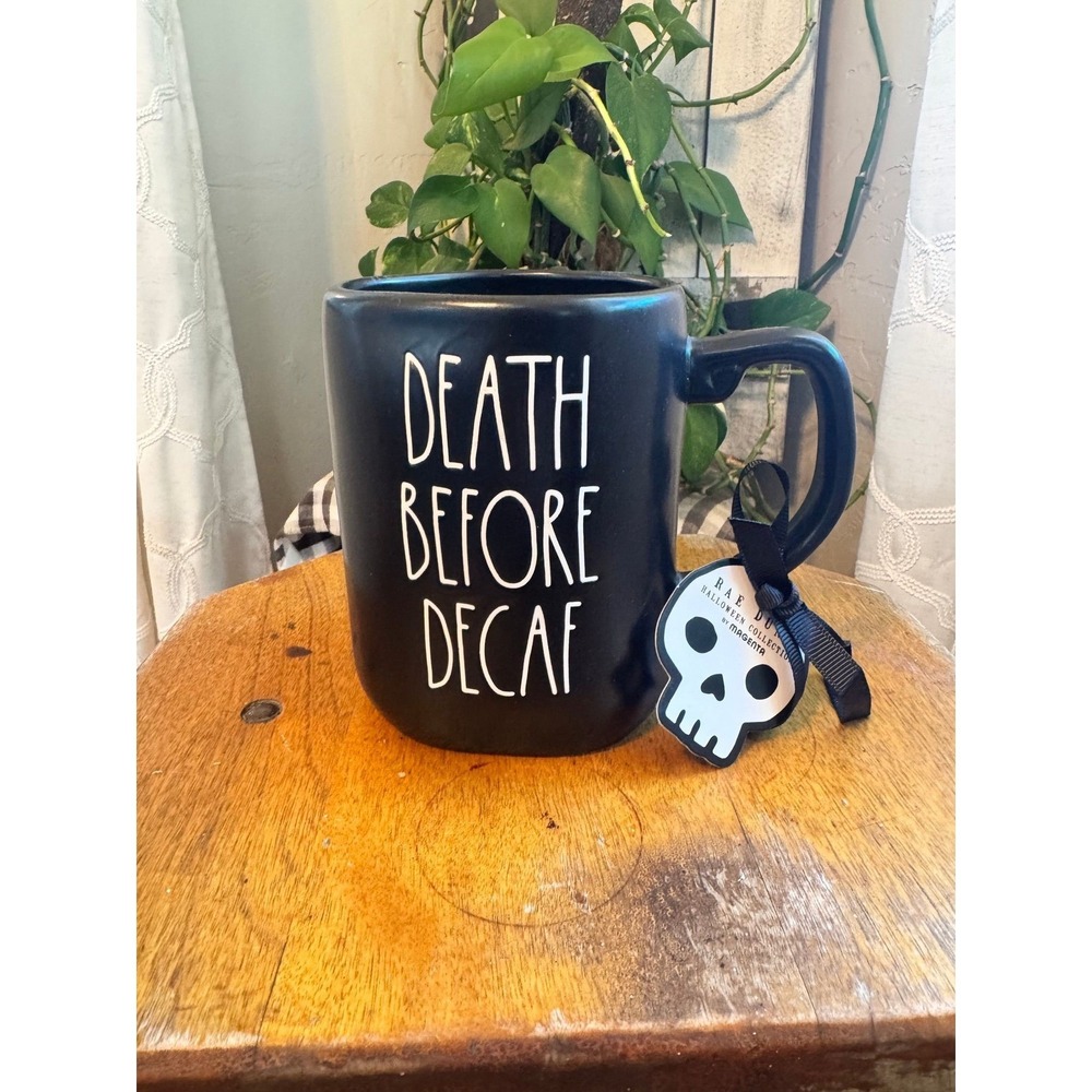 Rae Dunn DEATH BEFORE DECAF black mug NWT Halloween